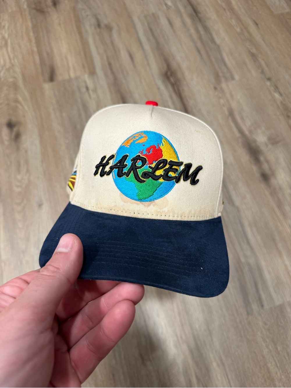 Beige and Navy "Harlem" Embroidered Globe Baseball Cap